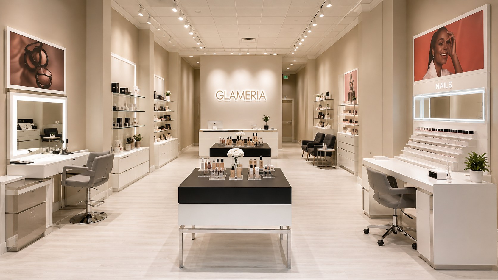 Interior of a Glameria boutique with warm sand walls, ivory quartz counters and sculptural black pendants.